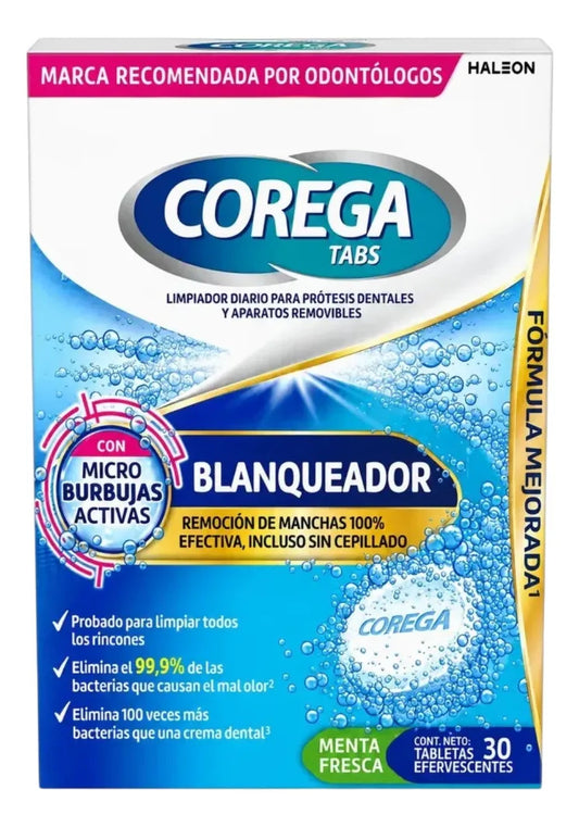 Corega Blanqueador 30 Tabletas Efervescentes. Limpiadora